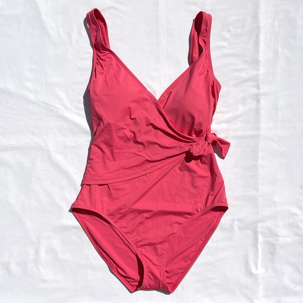 Tommy Bahama Tie Front Wrap One Piece Swimsuit Womens 16 Pink Coral Coast